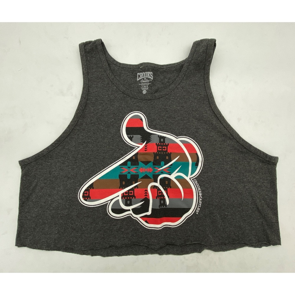 Crooks & Castles Gray Graphic Cropped Tank Top Size L Streetwear Raw Hem - Picture 6 of 7
